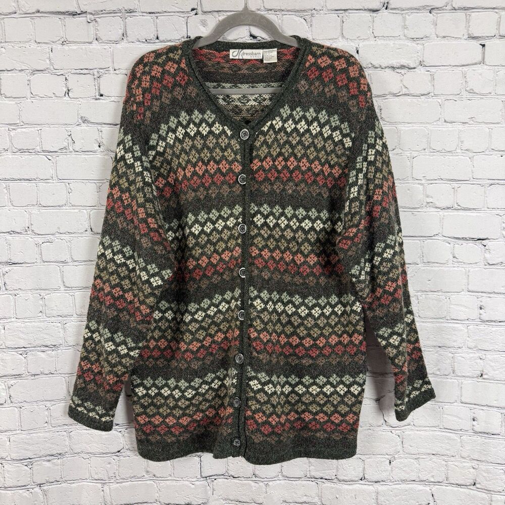 Vtg Dressbarn Women Fair Isle Cardigan Sweater Size 1X Fuzzy Button Front Cozy